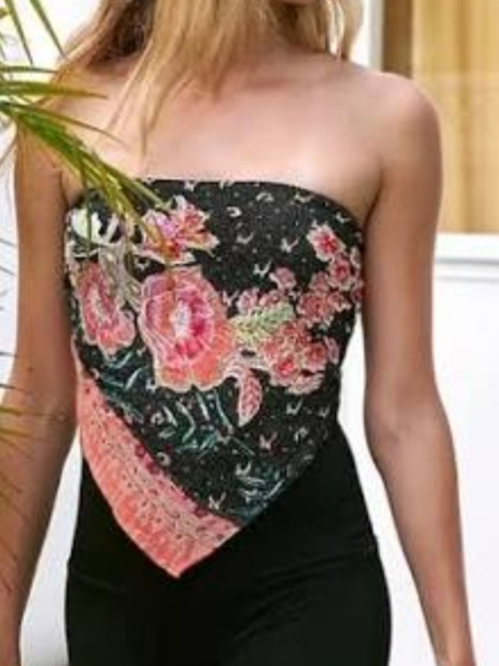 Free People Floral Strapless Bandana Top in Black and Pink